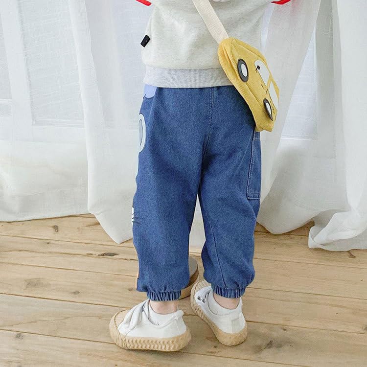 Image of Googo Gaaga Boys Denim Joggers | Soft cotton denim trousers for boys & girls with fun prints, mid-rise fit, elastic waistband, and comfort for everyday wear.
