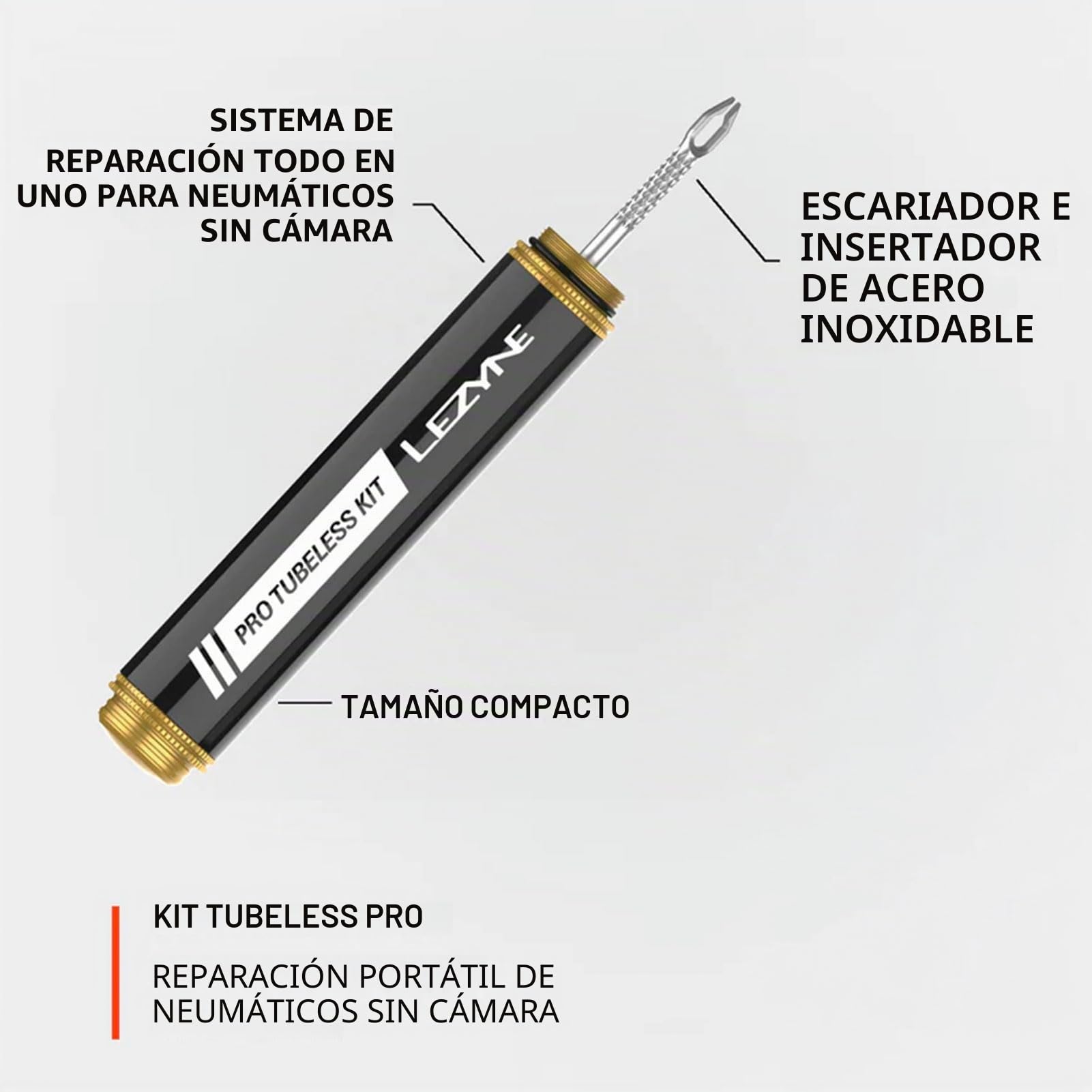 LEZYNE Pro Kit de reparación de neumáticos de bicicleta sin cámara, sistema de reparación de neumáticos todo en uno para neumáticos sin cámara, carretera, grava, MTB, agujeros de sellado, múltiples tamaños de tapones de neumáticos, herramienta de inserció