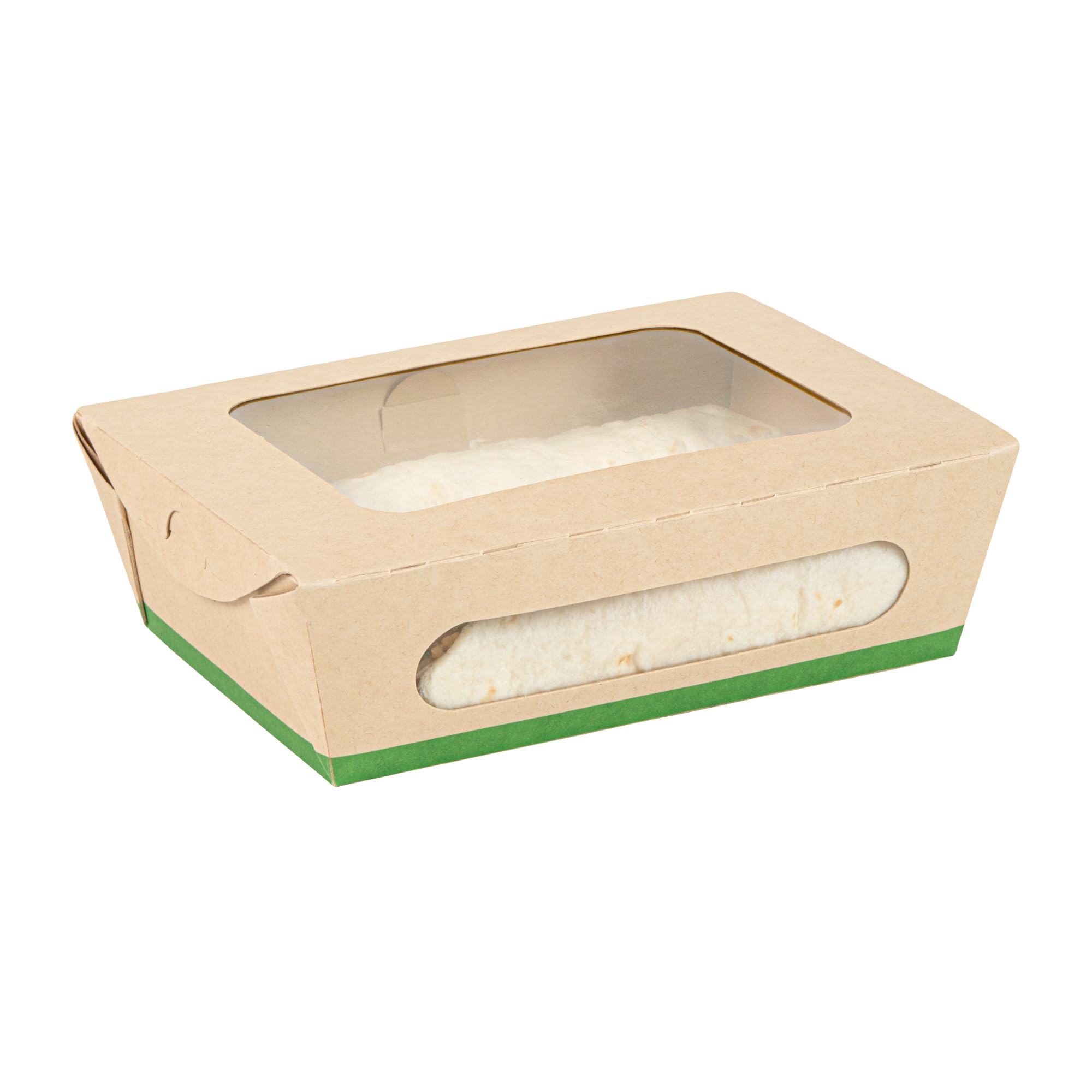 Restaurantware - Cajas de papel resistentes de 28 onzas, 50 recipientes desechables para alimentos, con forro de ácido poliláctico, dos ventanas transparentes de ácido poliláctico, contenedores de