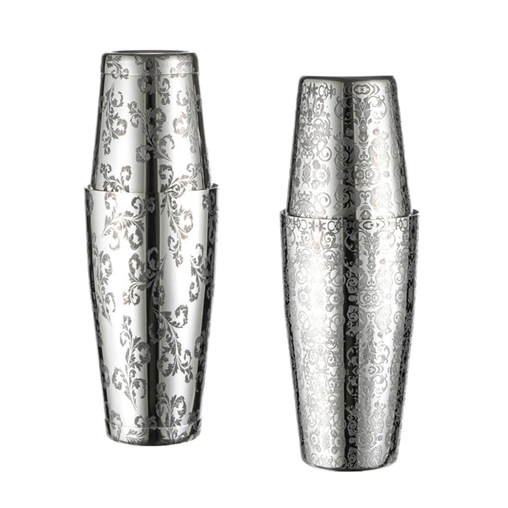 Shaker Cocktail Set Professionale Miscelatore Tin On Tin Acciaio Inox Decorato Incisione Adatto a Bar Feste Matrimoni Banchetti, con Base