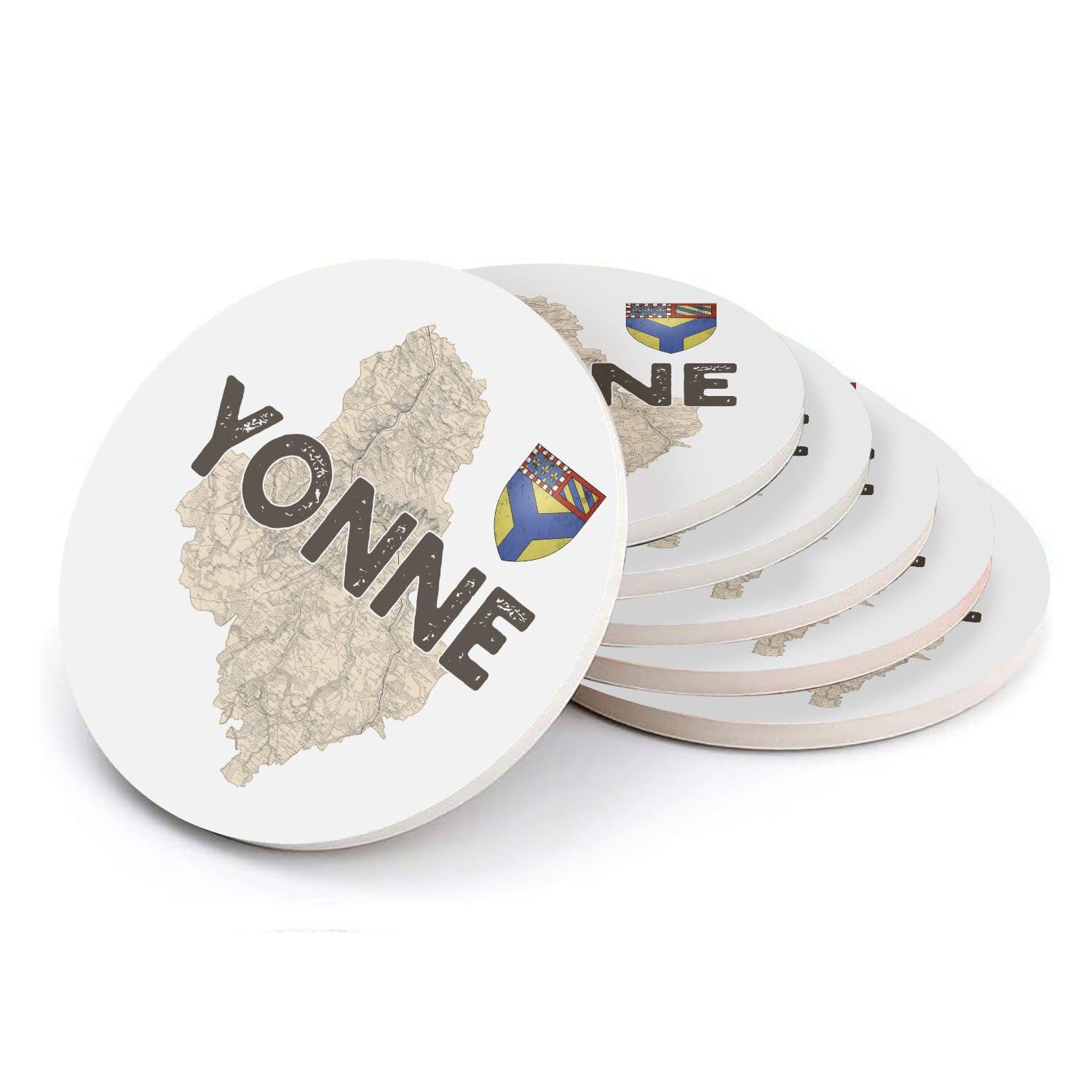 Sous verre ronds en céramique Yonne 89 style carte ancienne d'Auxerre Bourgogne en lot de 6