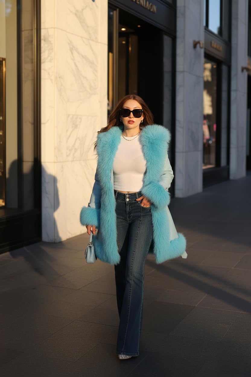 DLNYC Women’s Vegan Leather Belted A Line Winter Coat with Faux Fur Trim Hood, 3/4 Length, Luxurious Winter Fashion Outerwear - Image 3