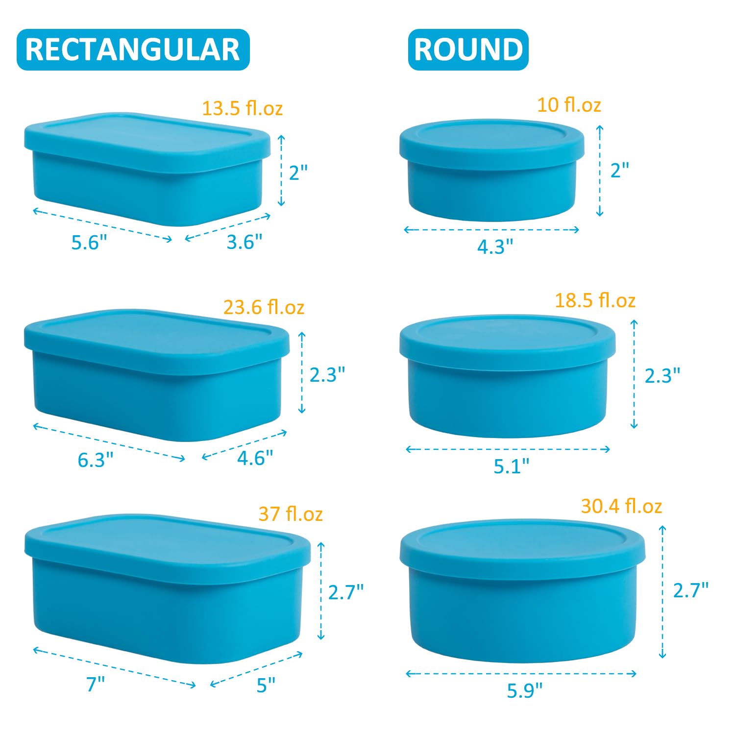 Juego de 6 recipientes de silicona para almacenamiento de alimentos con tapa, recipientes de silicona de carcasa dura con líneas de medición, microondas, congelador, horno, lavavajillas, sin