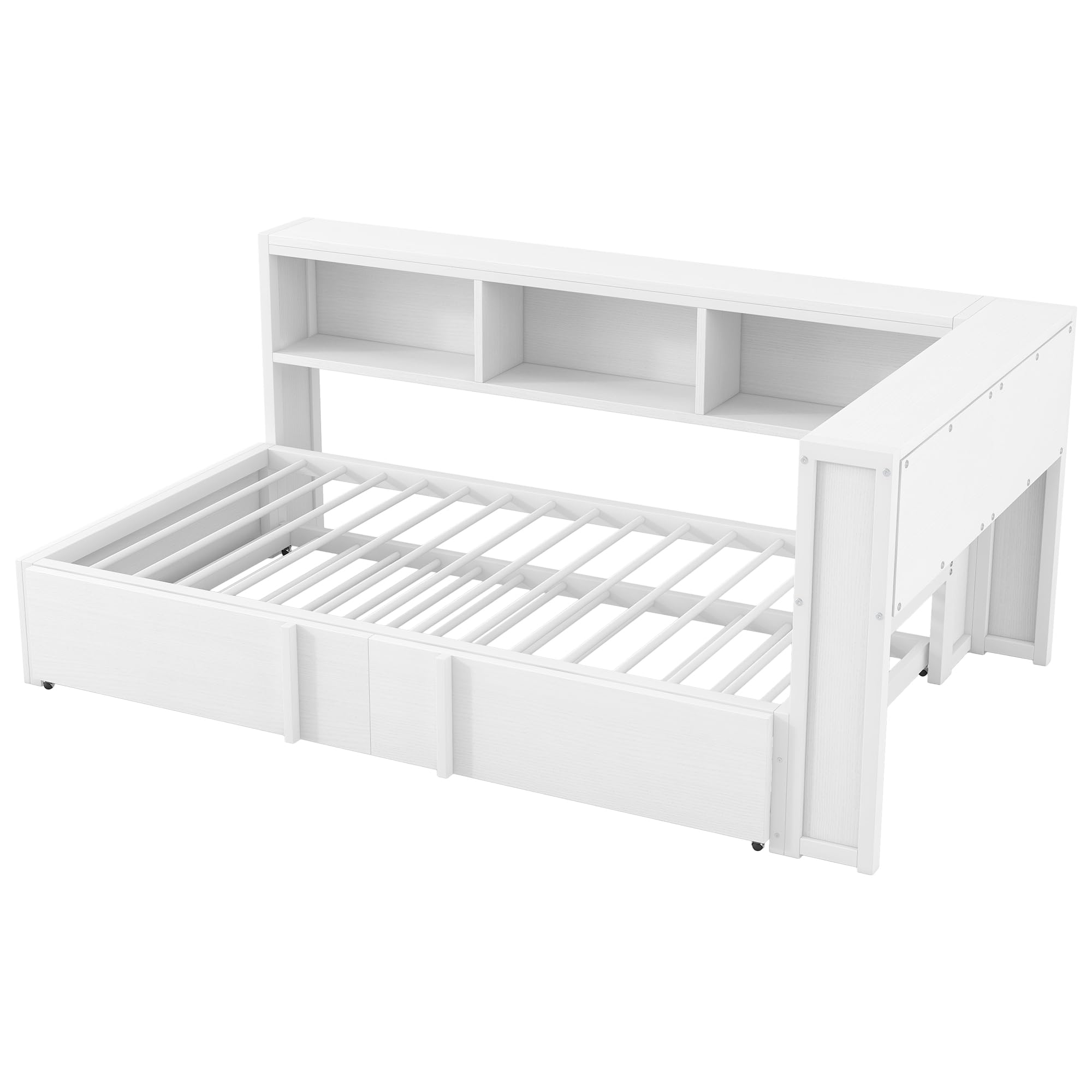 Lexiou Cama de metal de 90 x 200 cm con cama nido, armarios de almacenamiento, iluminación LED y puertos USB (blanco)