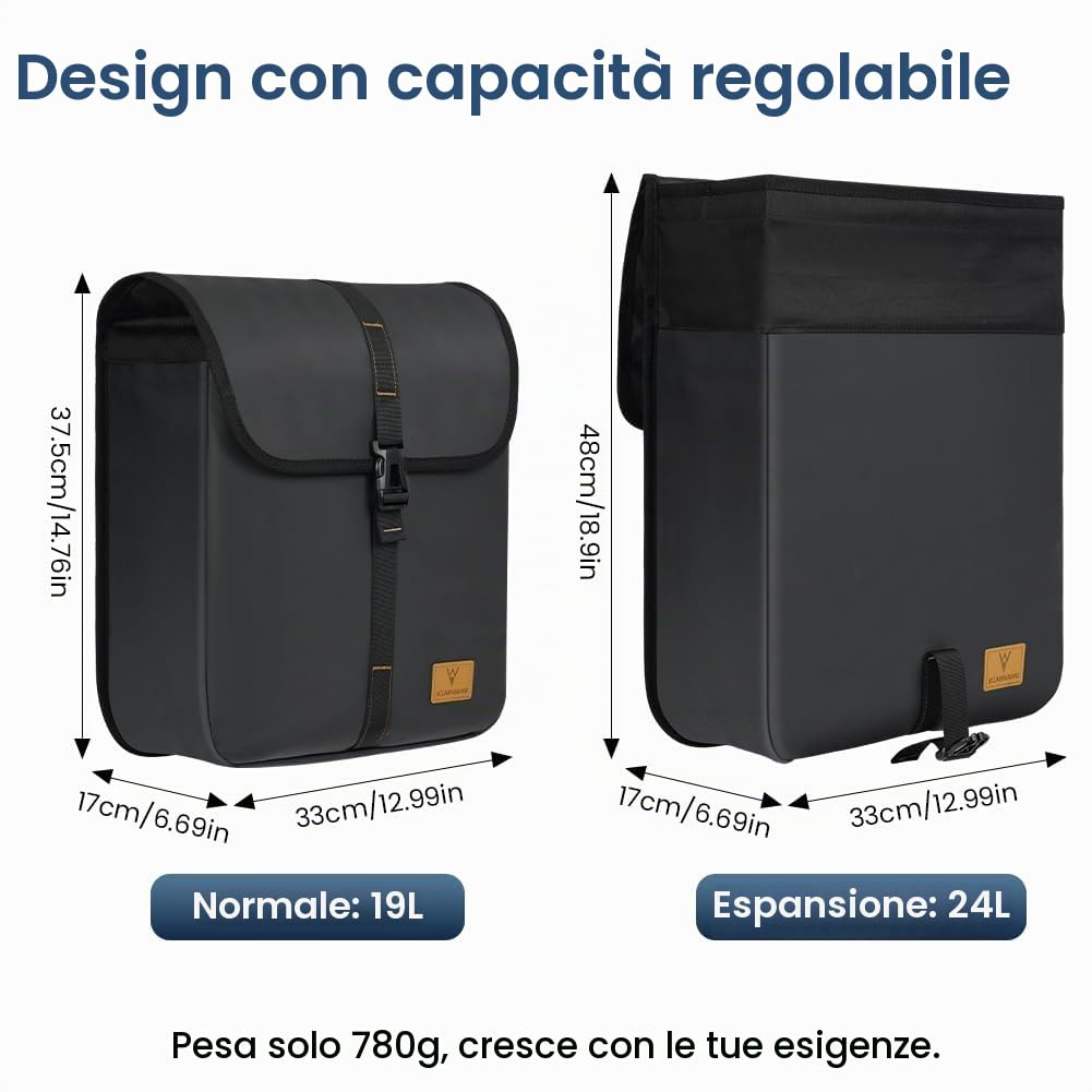1 Pezzi Borse Bici Posteriore Laterali, Borsa da Bicicletta per Portapacchi, Espandibile Fino a 24L, Impermeabile, Unisex, Adatto per Ciclismo, Viaggi e Spostamenti, Nero