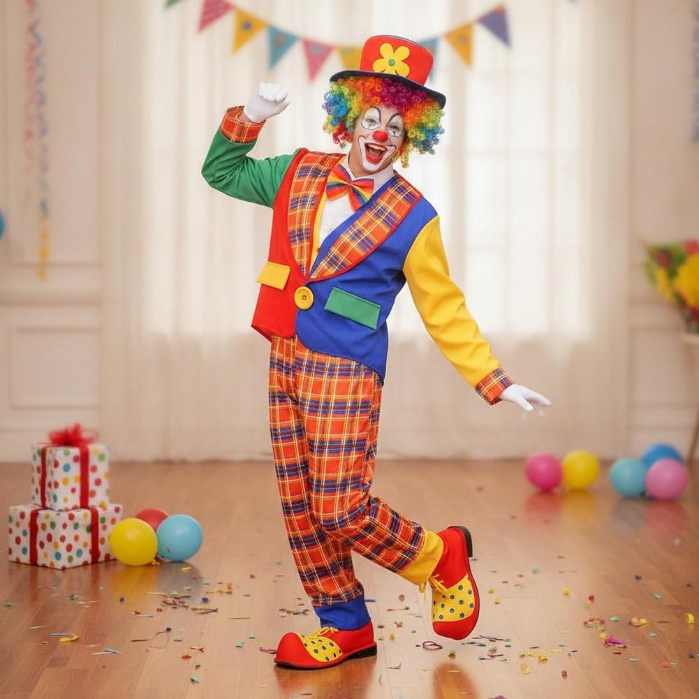1 Set di Costume Clown Circo per Adulti, Completo di Parrucca, Maschera, Borsa, Scarpe E Guanti. Divertente Costume Clown per Travestirsi.