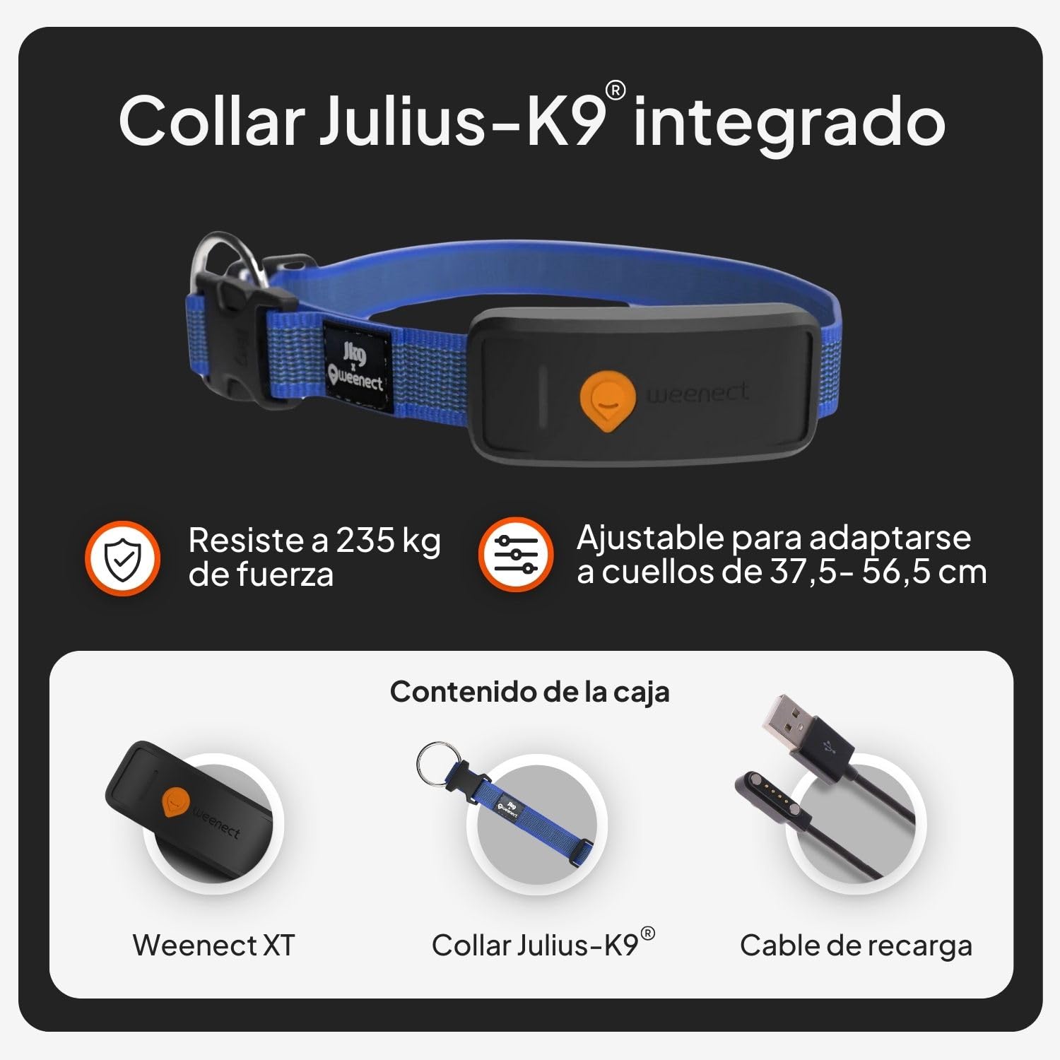 Weenect Dog XT - Nuevo Collar GPS para Perros | Antena XL | Impermeable | Collar Azul Ultra-Resistente Integrado Julius-K9 | Garantía de por Vida | Suscripción requerida