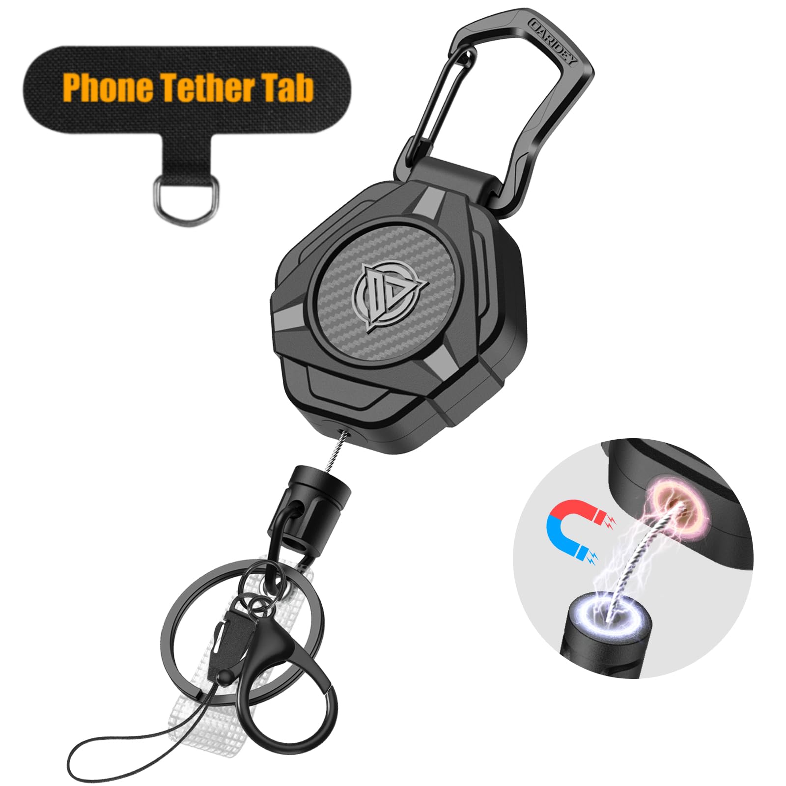 Oaridey Llavero magnético retráctil, soporte de mosquetón resistente con pestañas de sujeción para teléfono, carrete de identificación táctica con cordón de acero recubierto de 31.8 pulgadas y cierre