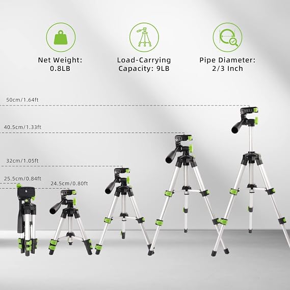 Huepar TPD05 19.7 Lightweight Aluminum Tripod-Mini Portable Adjustable Tripod for Laser Level and Camera, with 3-Way Flexible Pan Head and Bubble Level, Quick Release Plate with 1/4-20 Screw Mount