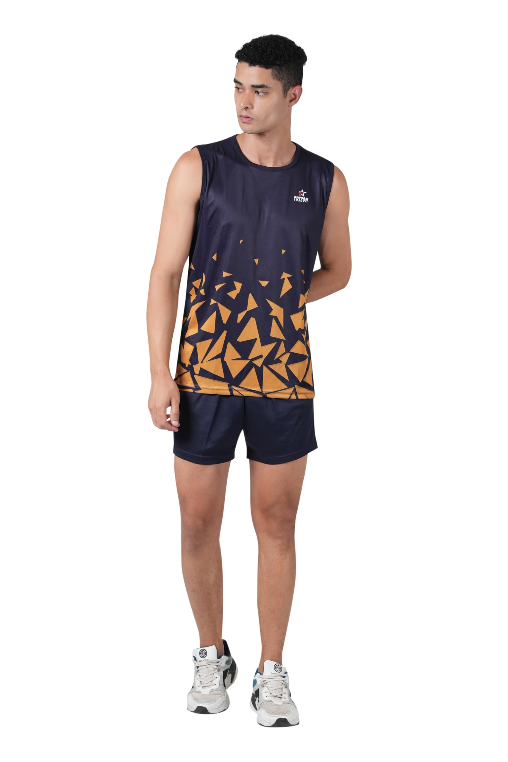 trizon Men's Athletic Sleeveless Tank Top and Shorts Set, Geometric Pattern Design, Navy Blue and Orange, Sports Performance Wear-picture-40