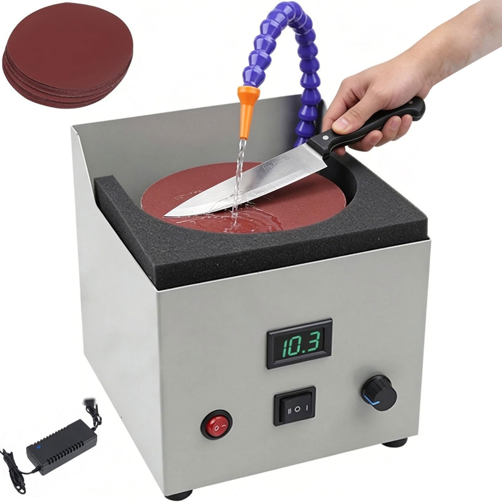 150W Electric Wet Bench Sander,Automatic Knife Sharpener,with 10 Pcs Sandpaper,0-4000RPM Stepless Speed,Forward and Reverse