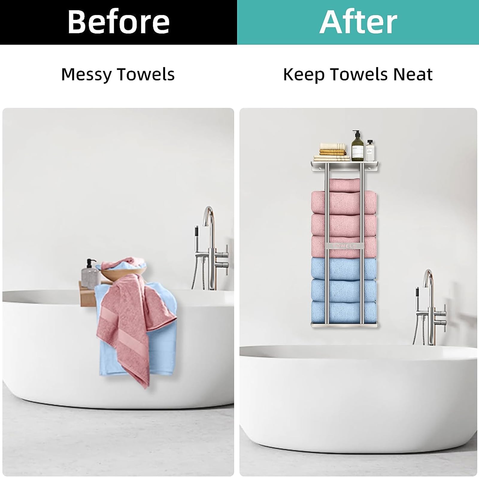 STWWO Toallero de Baño de Pared 76cm Toallero Vertical con Estante Plata Almacenamiento para Toallas enrolladas Baño Soporte para Toallas de Mano Grandes Toallas de Playa, Metal