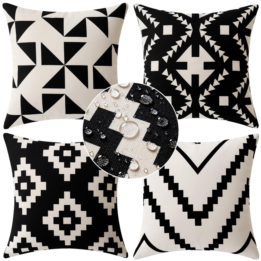 MIULEE 4 Pack Cushion Covers Outdoor Waterproof Throw Pillow Cover Home Pillow Case Pillowcases for Tent Park Bed Sofa Chair Bedroom Decorative Balcony 40x40cm 16x16inch Black