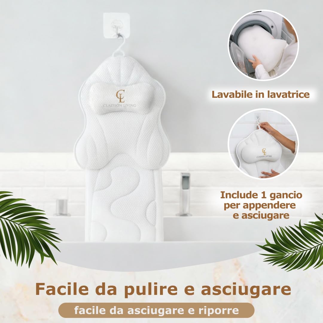 Cuscino Vasca da Bagno per Tutto il Corpo (126x41cm) – Cuscino Bagno con ventose e Poggiatesta (13cm); Supporta Collo, Schiena e Gambe – Incl. borse Lavaggio/Viaggio e Gancio Asciugatura – Bianco