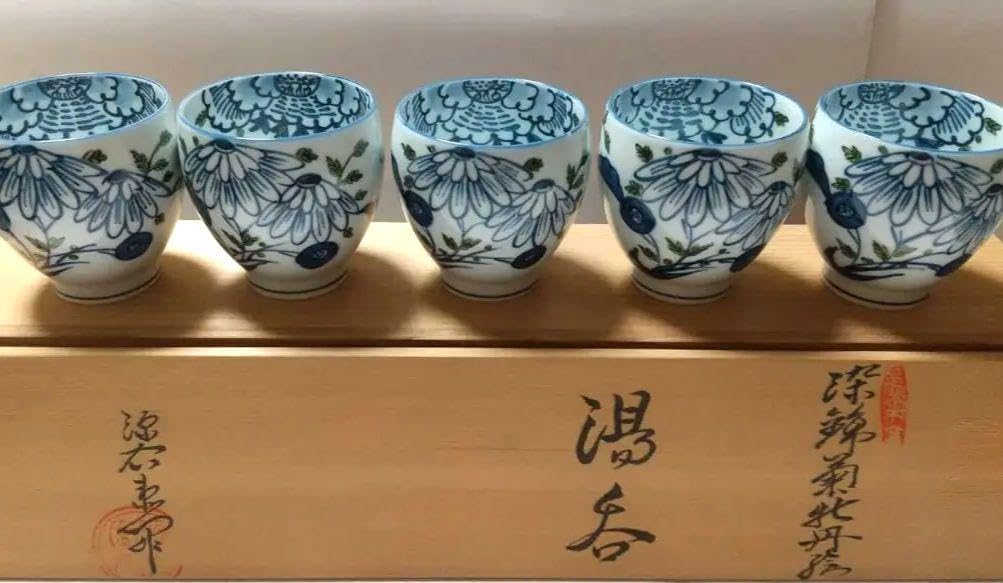 源右衛門　染錦菊牡丹絵　湯呑5客セット 源右衛門窯 染錦菊牡丹絵 湯呑揃（5客） : 陶器たて石 Yahoo!店