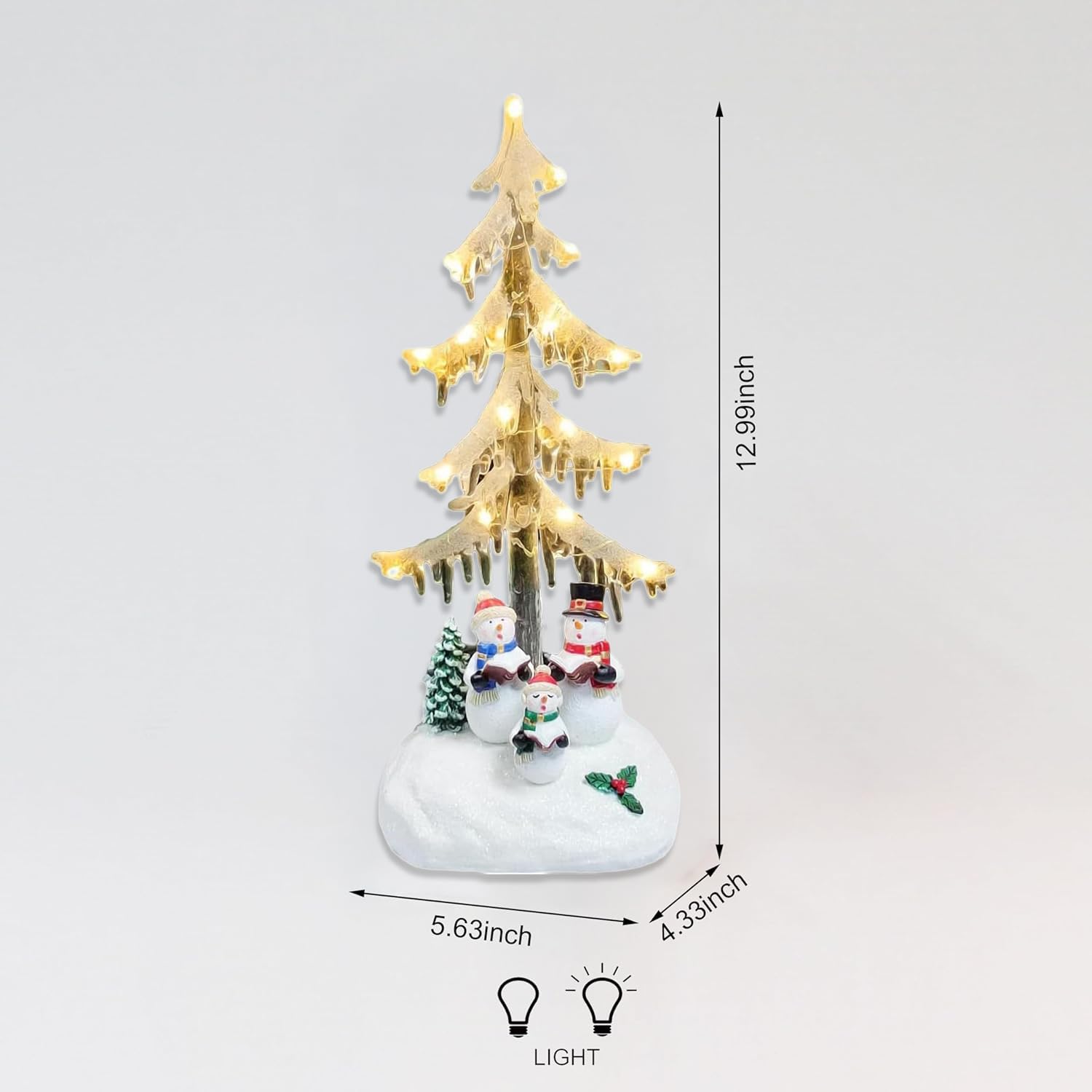 MOMENTS IN TIME Árbol de carámbanos acrílico iluminado por LED de 33 cm de alto con muñeco de nieve, coro de Navidad