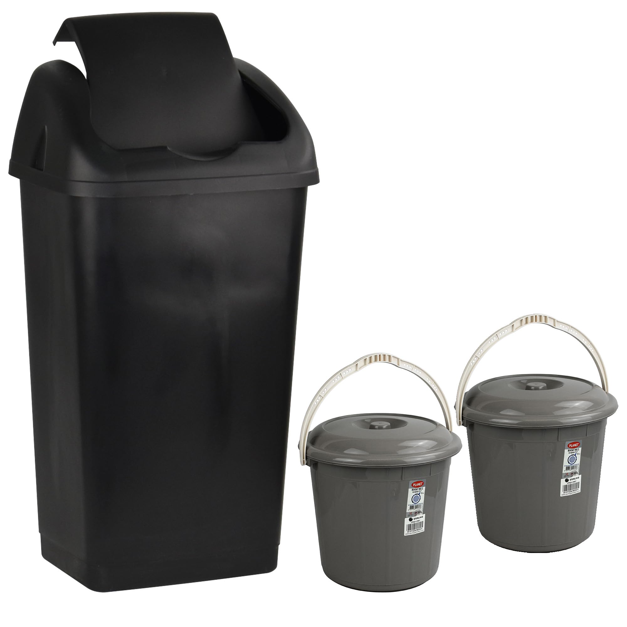 Catergold Black & Grey Bin & Buckets Set Swing Bin 60L And 2 Buckets 5L Multipurpose With Lid (Black & Grey)
