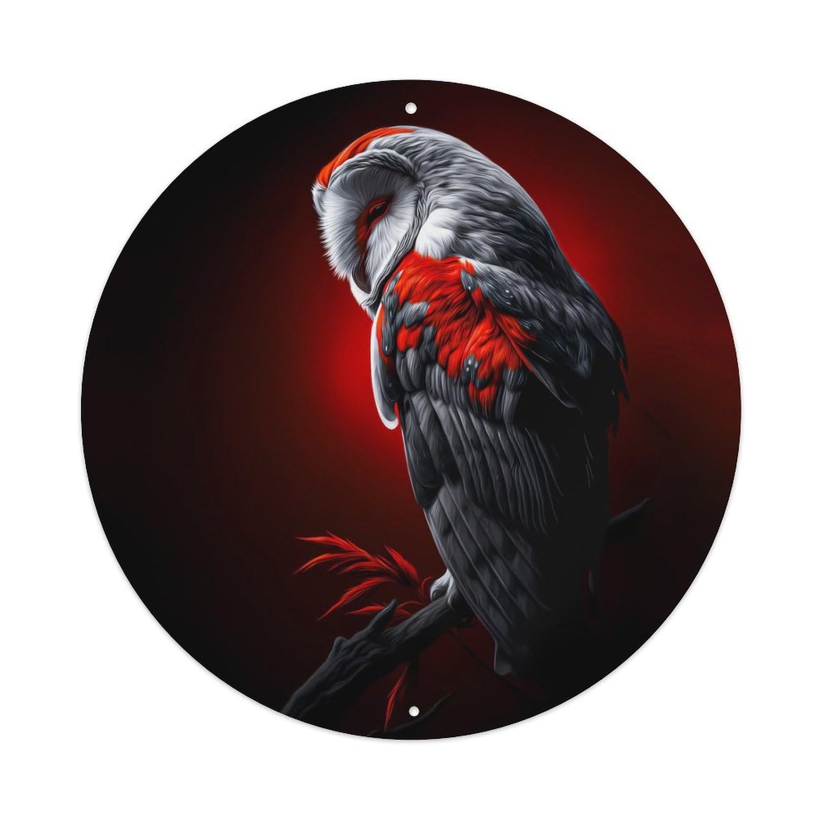Animal Barn Owl Dramatic Red Gray Perched on Dark Branch Mysterious Vintage Metal Tin Sign Plaque Wall Decor for Cafe, Club Bar, Office, Garden Metal Poster 8x8Inch