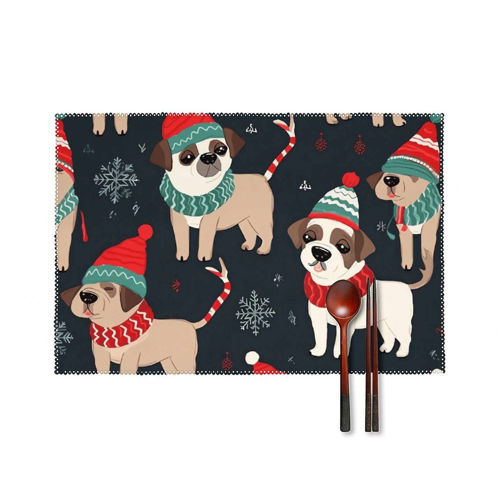 Merry Christmas Dog Placemats Set of 6, 12x18 Inch Heat Resistant Washable Canvas Table Mats, Stain Resistant Decorative Dining Placemats for Kitchen, Restaurant, Outdoor Party