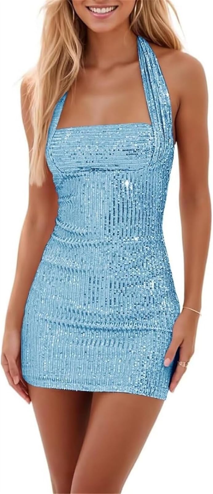 LLECDASEUI Sparkly Sequins Homecoming Mini Dress for Teen Girls, HOCO Halter Wrap Short Dresses, Cocktail Prom Gown (M,Blue)