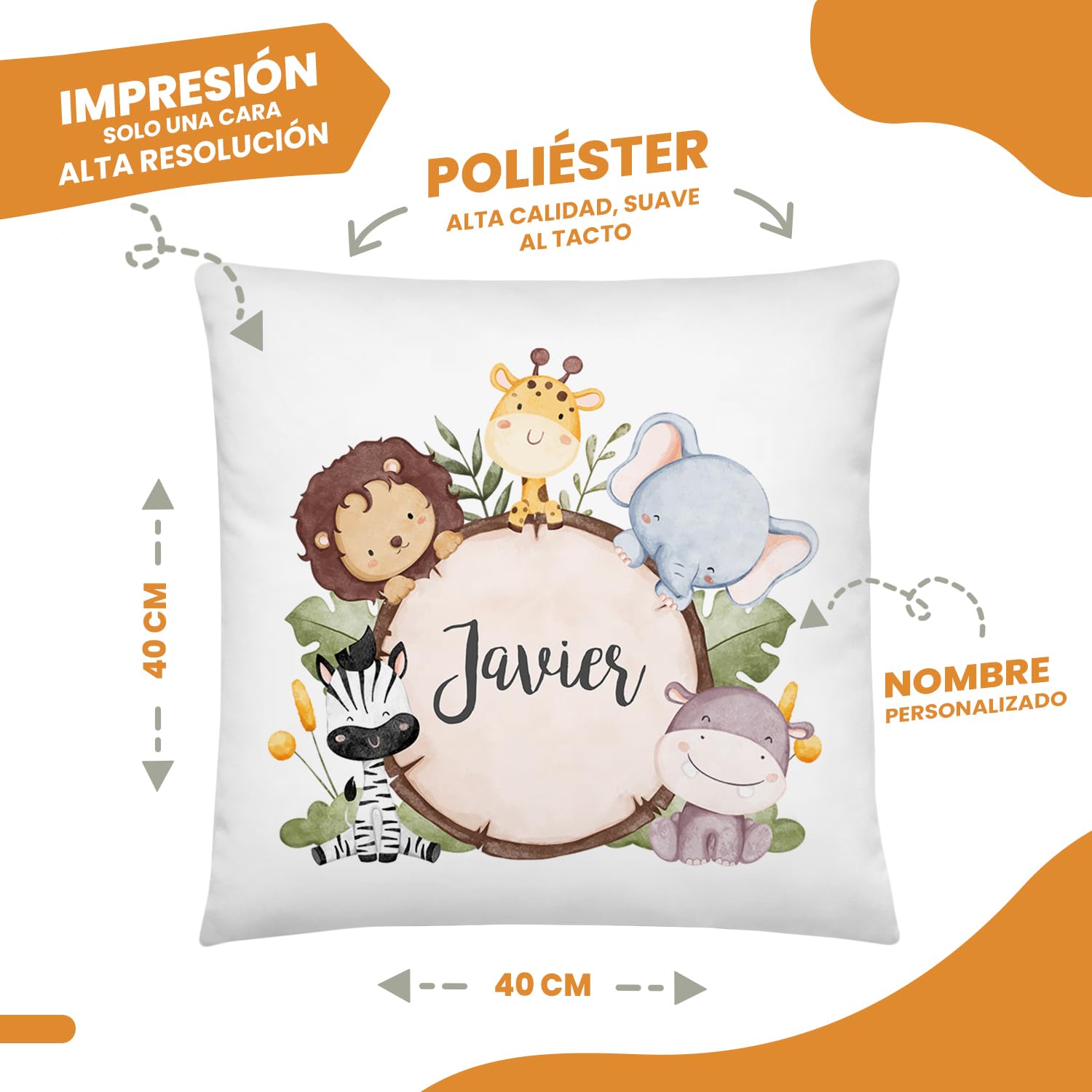 Kembilove Cojines Infantiles – Cojin Personalizado con Nombre – Regalos cumpleaños niños Colegio – Guarderia Regalos – Almohada niños 40X40 CM - Animales