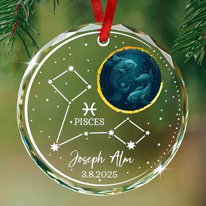 Personalized Pisces Zodiac Glass Ornament, Custom Pisces Constellation Ornaments, 2025 Christmas Zodiac Sign Ornament, Horoscope Gifts for Astrology Lovers Her Him, February & March Birthday Presents