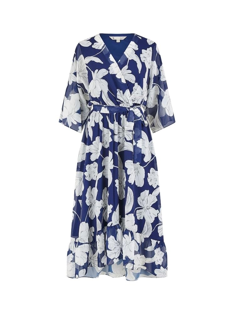 Yumi Navy Mesh Bird and Floral Print Midi Dress with Ruffles (UK, Numeric, 20, Regular, Regular, Navy)