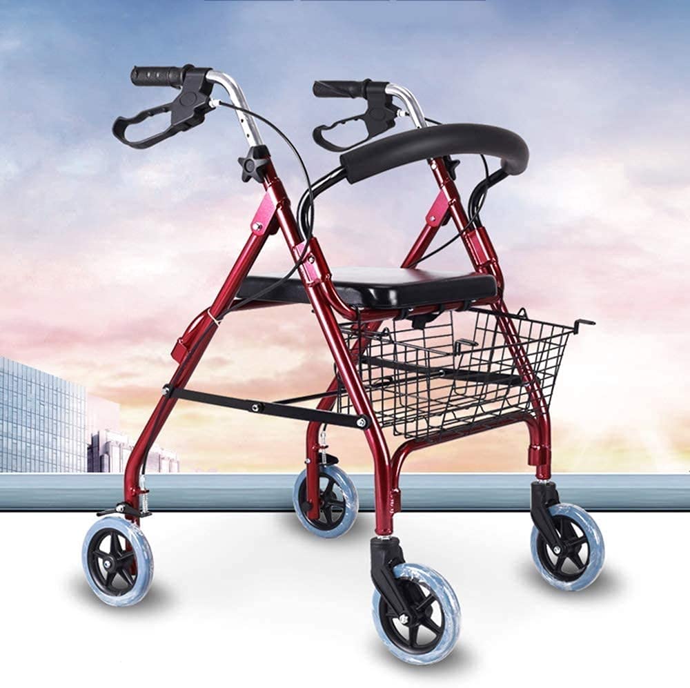 Andador Plegable con Ruedas Andador con Asiento Y Ruedas, Andador con Frenos Andador Plegable para Personas Mayores, Marco De Acero Duradero Que Soporta hasta 400 Libras, Rojo