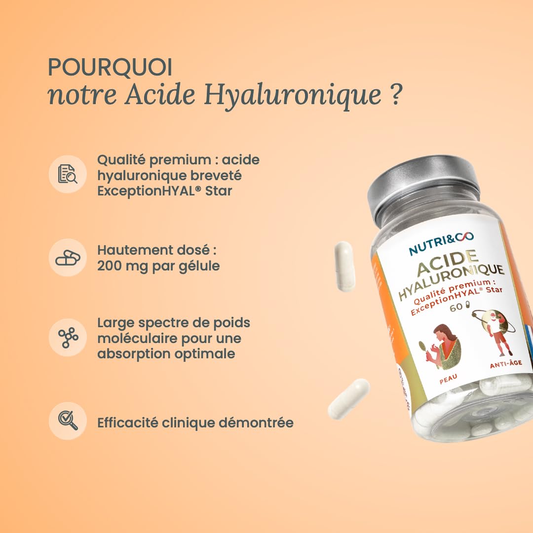 NUTRI & CO Acide Hyaluronique - Formule Anti-Age & Anti-Rides Efficace - Hydrate en Profondeur - Hydratation et Élasticité de la Peau - 60 gélules Vegan Made in France