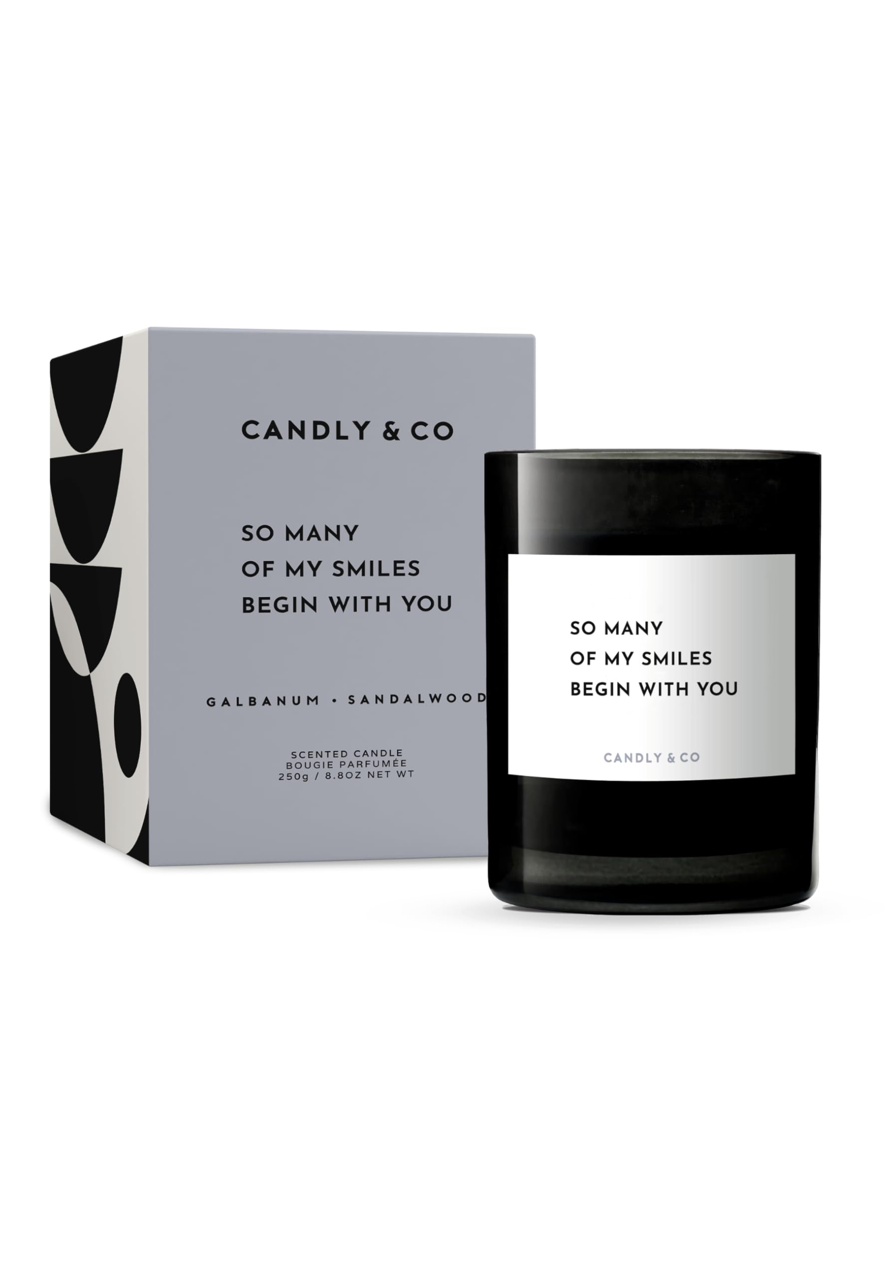 Candly&Co Nr. 6 So many of my smiles begin with you/Luxus-Duftkerze/ 100% Soja/Rauchglas/Docht aus Baumwolle/ 250g/ Galbanum, Sandelholz, Kardamom, Amber, Papyrus, Kamille/Handgefertigt in EU