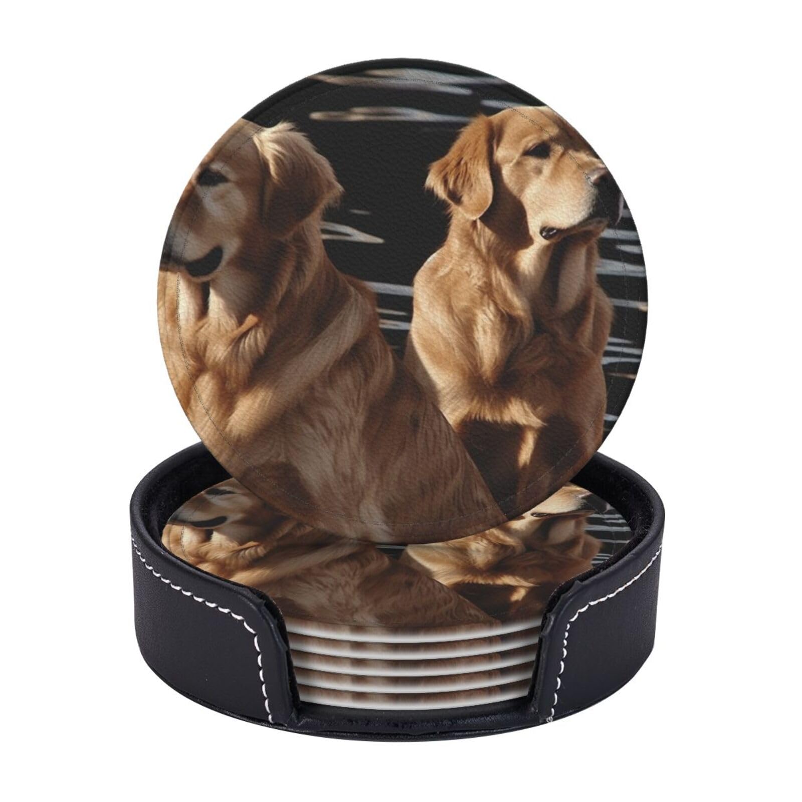6Pcs PU Leather Coaster for Drinks, Golden Retrievers Cup Coasters with Holder, Aesthetic Drink Coasters for Coffee Table, Round Coaster for Tabletop Protection 4" Cup Mat Pad
