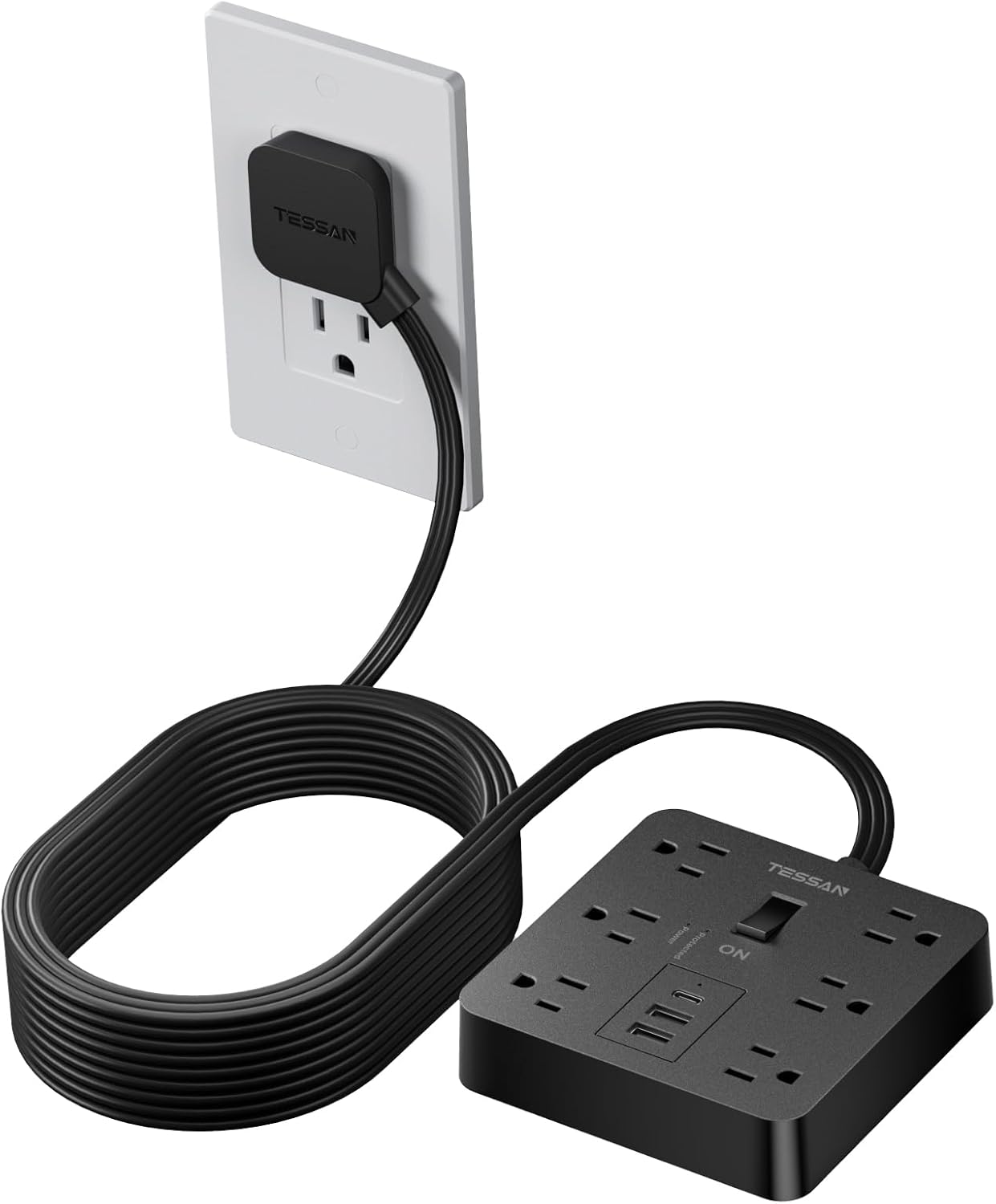 Black Surge Protector Power Strip 10 ft Cord, TESSAN Flat Plug Extension Cord with 6 Outlets 3 USB Ports (1 USB C), 1700J Protection, Heavy Duty Power Strip for Indoor Home Office School Dorm Room Black 10FT