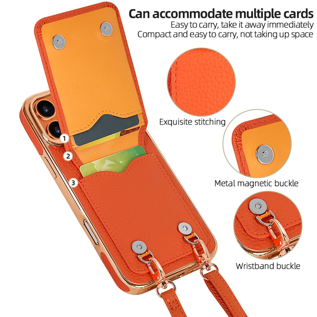 Étui de téléphone Portable plaqué pour iPhone 15 avec dragonne, Porte-Cartes et Support intégré (pour iPhone 15/Noir)
