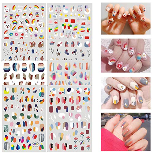 8 Sheets Graffiti Nail Art Stickers Decals,3D Self Adhesive Fun Doodle Rainbow Human Face Nail Design for Women Girls Kids,DIY Acrylic Nail Supplies Nail Decoration
