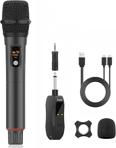 Miniatura 7 de Aveek Micrófono inalámbrico, juego de micrófono de karaoke dual de 2.4 GHz con receptor, micrófono de mano inalámbrico profesional, micrófono