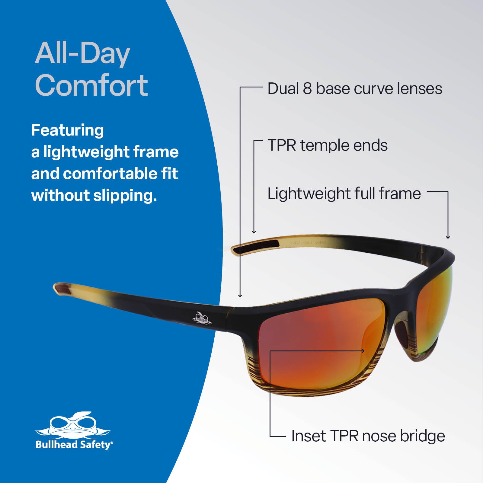 Bullhead Safety Pompano Gafas de seguridad polarizadas con tecnología de niebla de rendimiento, ANSI Z87+, luz azul con luz UV y protección antiarañazos, lentes de espejo rojo con marco de tortuga