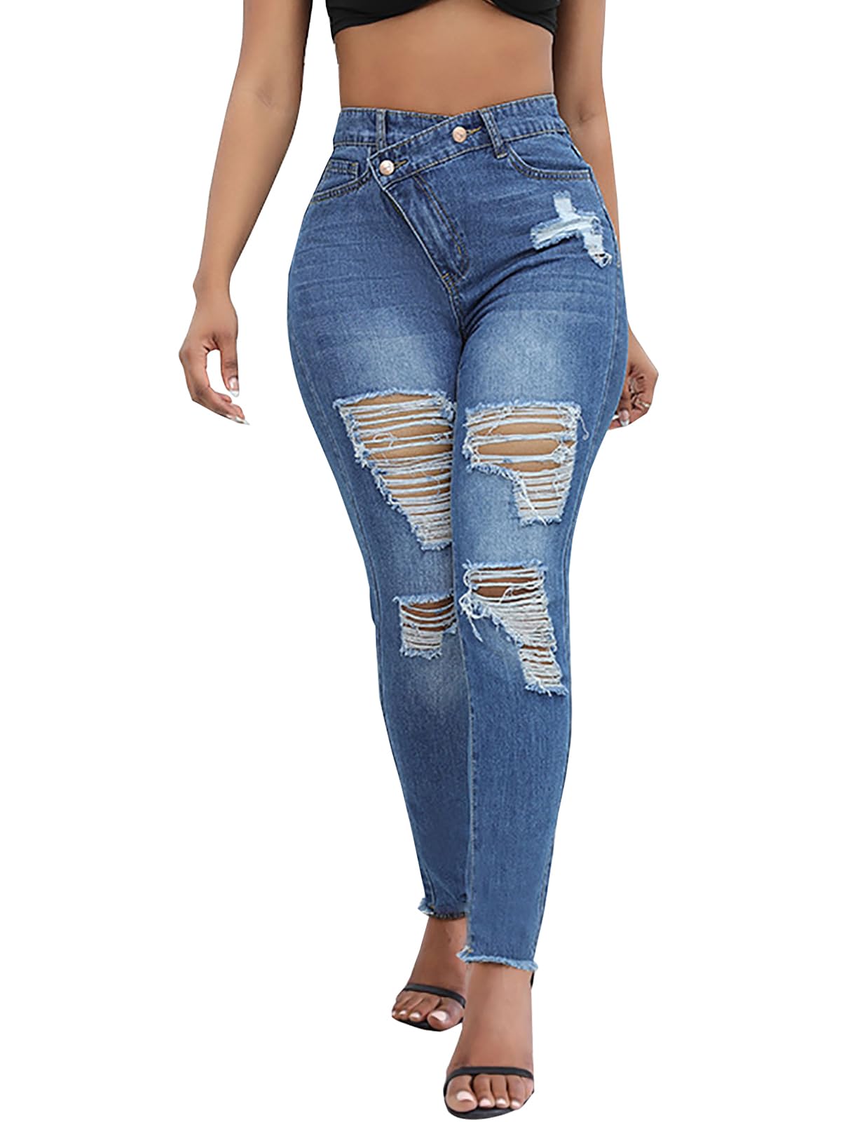 LONGBIDARipped Jeans for Women Trendy High Waisted Sexy Butt Lift Skinny Stretch Denim Pants