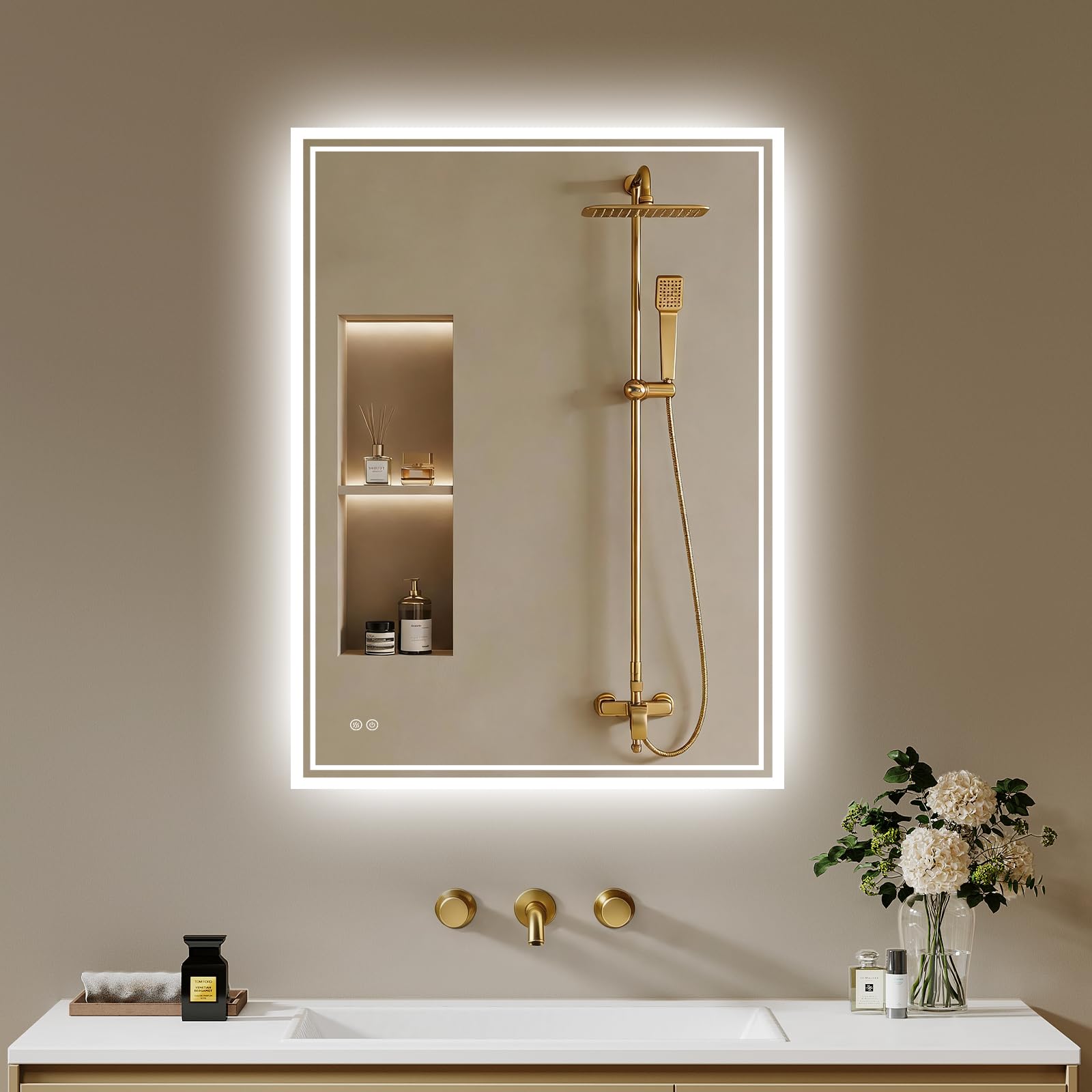 Specchio Bagno Con Luce 40x60 cm, Specchio Da Bagno Led, Anti-Appannamento, Led Con Interruttore Touch, Dimmerabile, 3 Colori Di Luce, Specchio Da Parete Orizzontale/Verticale