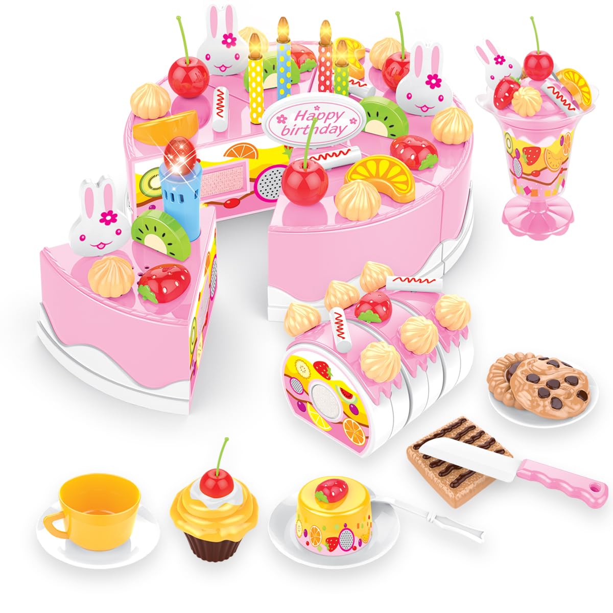 Xwin Sportseries Kids Birthday Cake Toy, 75 PCs DIY Pretend Play Cake Decoration Accessorises with Musical Light Up Candle & Desserts Party Playset, Play Food Cutting Gift for Children 3+ Year - Pink