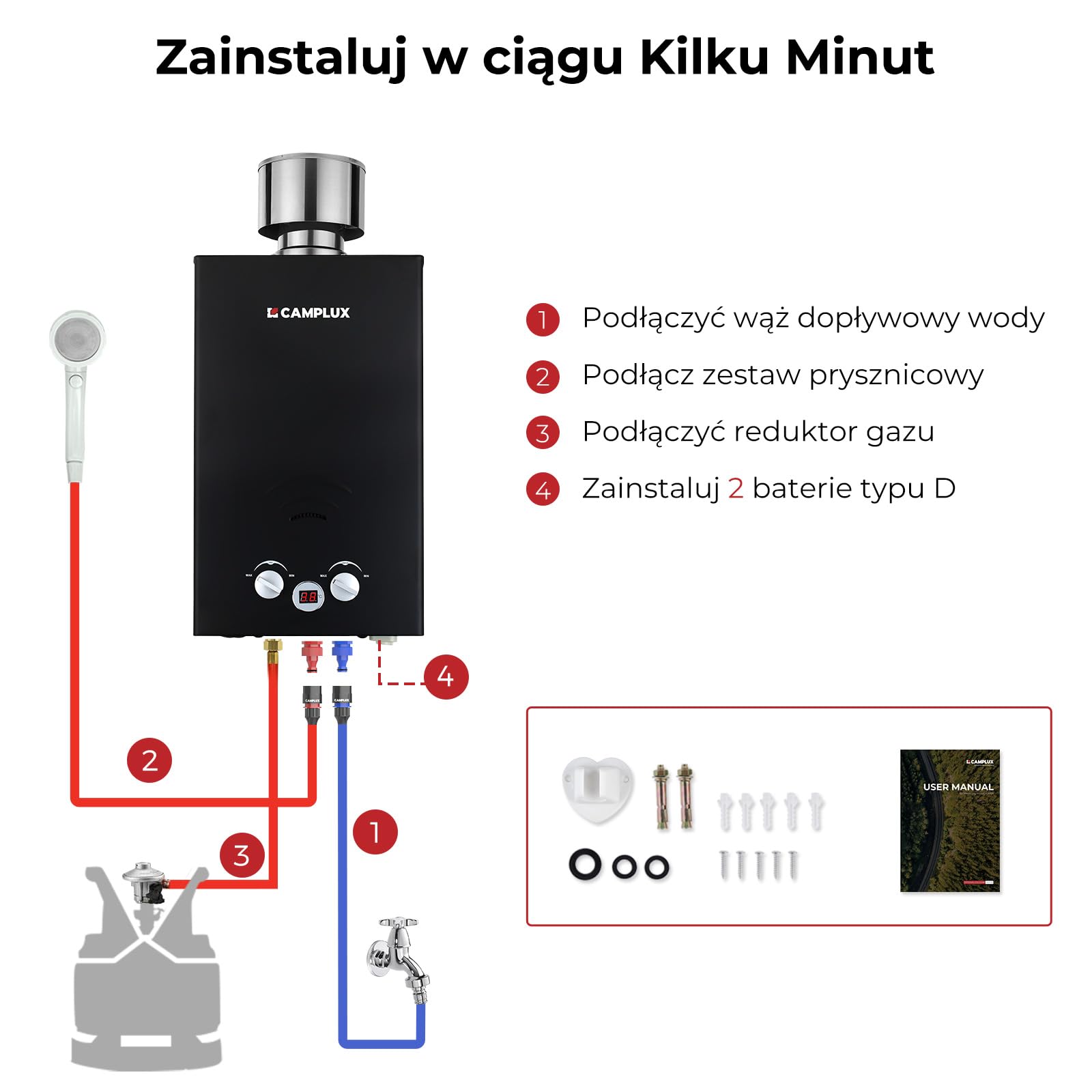 Camplux BW264BC 10L gazowy podgrzewacz wody z pokrywą przeciwdeszczową, certyfikat CE GAR, do użytku na kempingu, w kamperze, myciu koni