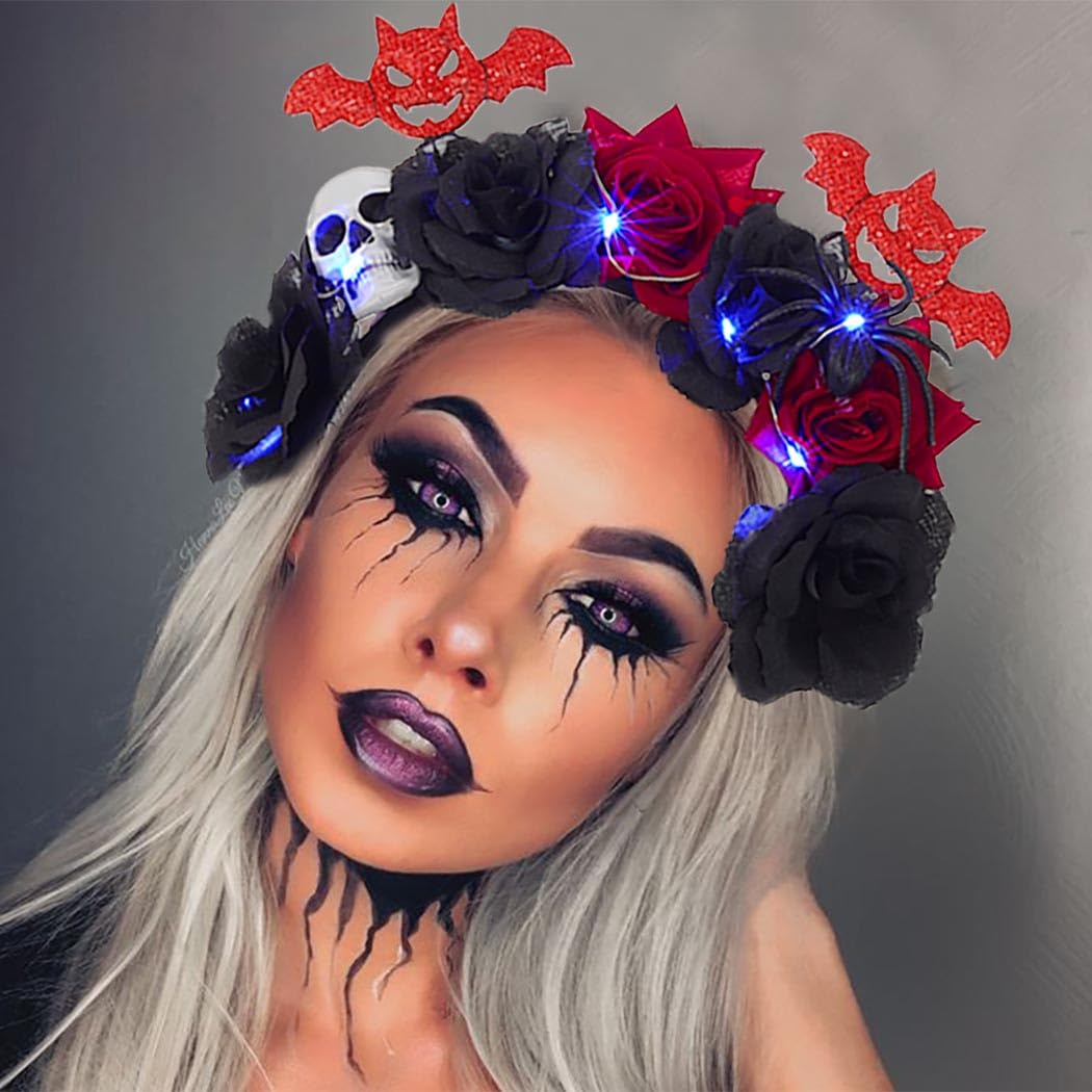 Evlry LED Halloween Flower Headband Light Up Spider Bat Headpiece Day of the Dead Costume Hair Accessories for Women