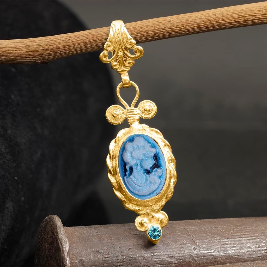 925 Sterling Silver Cameo Pendant Necklace for Women | 24K Gold Vermeil Handmade Portrait Jewelry with Cubic Zirconia | Vintage Inspired Elegant Gift for Her