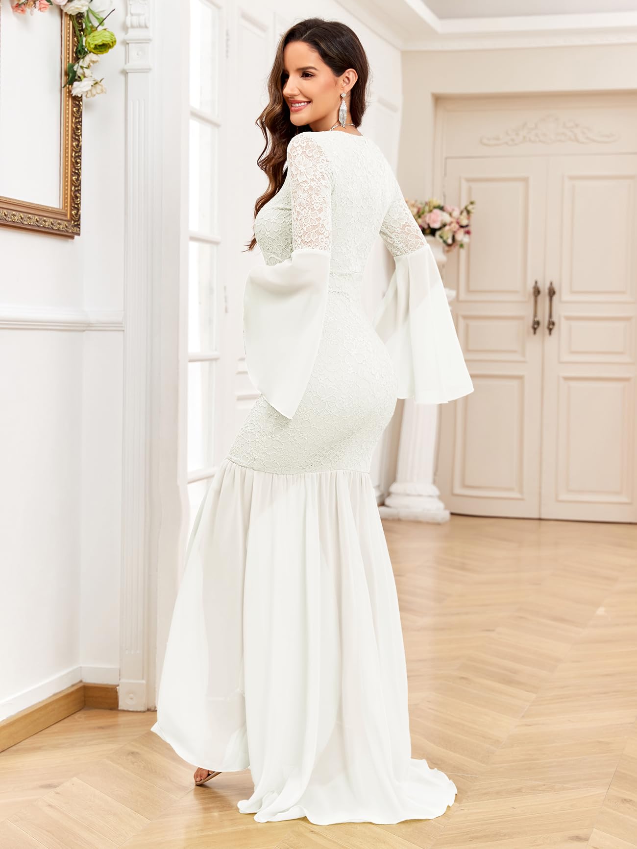 AISWI Abito premaman baby shower manica lunga campana pizzo floreale contrasto chiffon scollo a V sirena gravidanza servizio fotografico abito