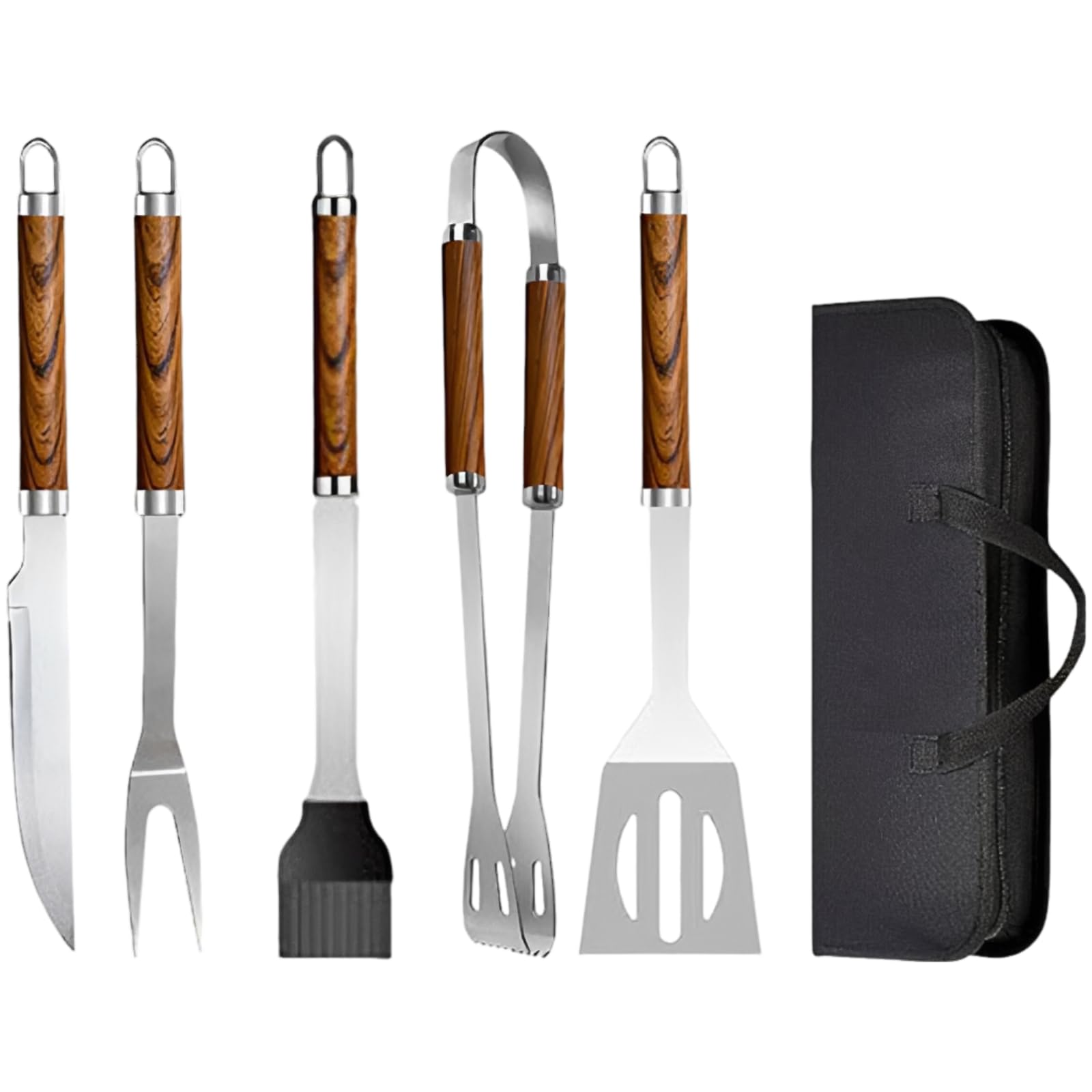 BBQ-Grillwerkzeug-Set, 5-teilig aus Edelstahl, Grillbesteck mit Holzgriffen und Tragetasche, für Outdoor-Kochen und Camping, Maße 15,35 x 4,92 x 1,97 in, Gewicht 1,7 lbs