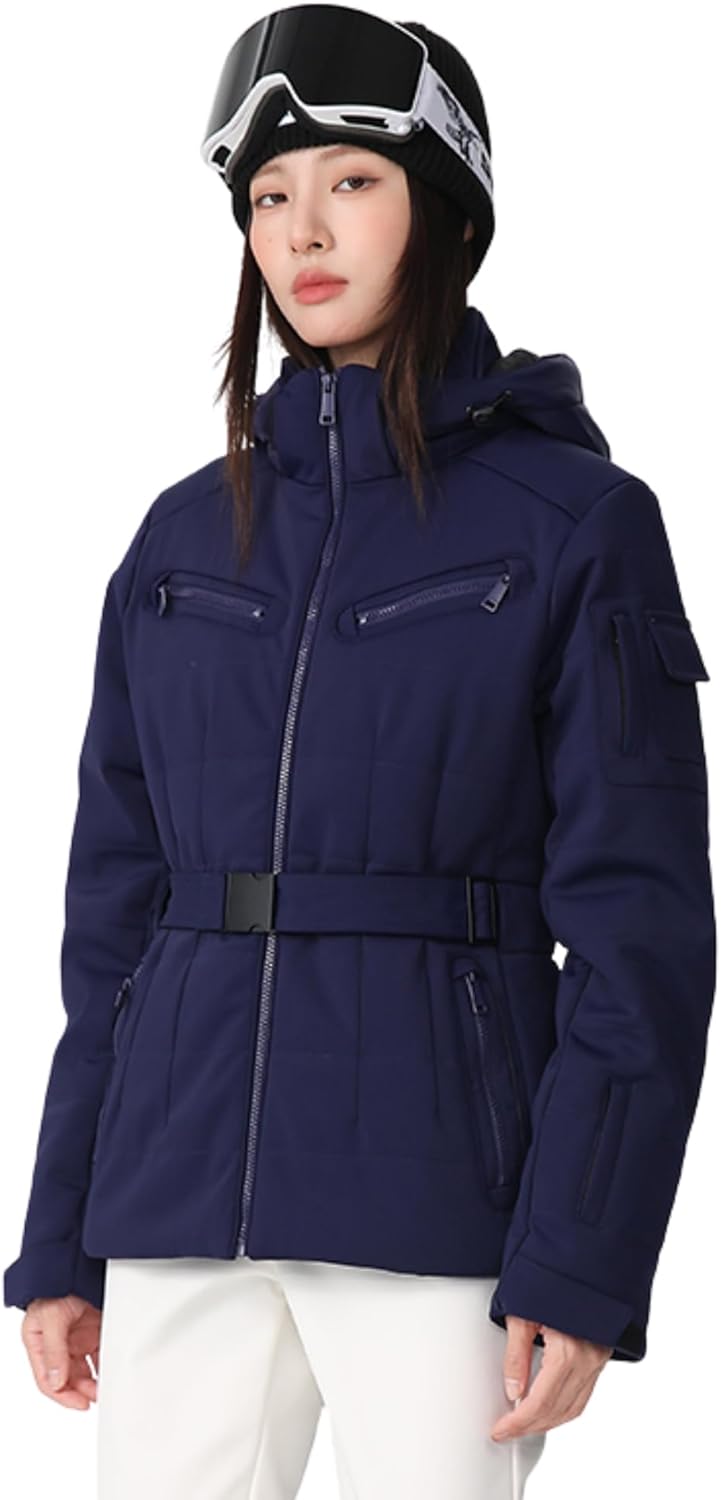 Women Slim Skiing Jackets with Belt Insulated Snowboarding Coat Hooded Snow Coat Elasticity Ski Jacket