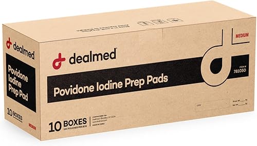 Dealmed Povidone Yodine Prep Pad 10% - Paquetes sellados individualmente, perfectos para el cuidado de heridas y botiquines portátiles de primeros