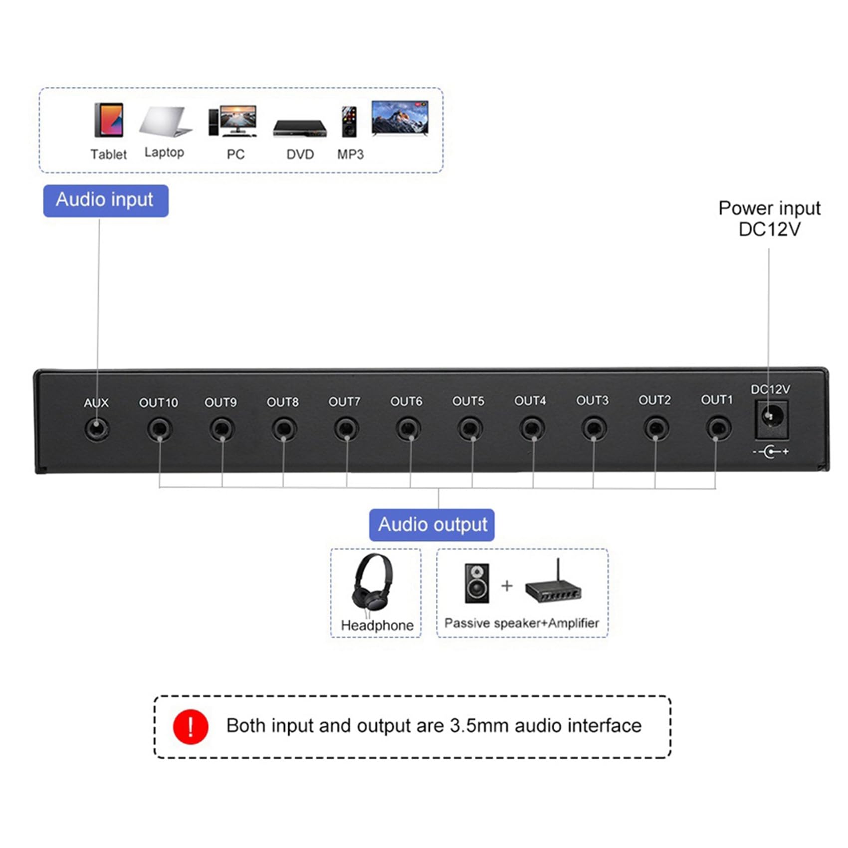 2 x AU-HP10 10-kanałowe słuchawki stereo, 1 wejście, 10 wyjść, wstępny wzmacniacz niezależne sterowanie NJM4556A DC12-24 V