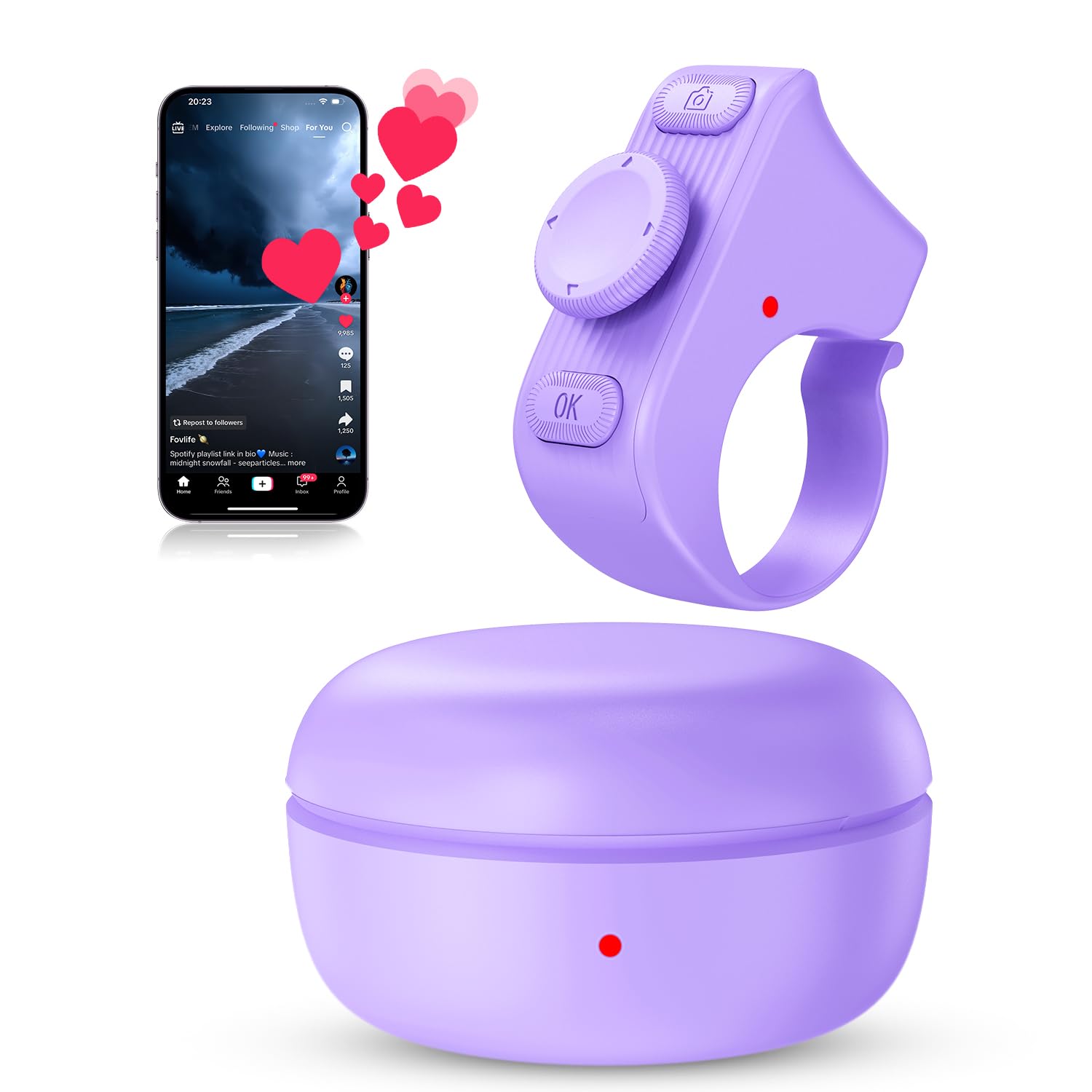 duskeep TikTok Scrolling Ring Remote Control, Camera Shutter Remote, Wireless Bluetooth Scrolling Ring for iPhone, iPad, iOS, Android - Purple