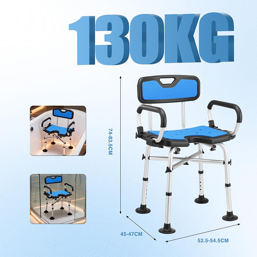 BAKAJI Sedia da Doccia per Anziani, Disabili e Persone con Mobilità Ridotta, Sedile Ergonomico e Struttura in Alluminio Resistente, Sgabello Bagno Altezza Regolabile, Piedi Antiscivolo, Capacità 130kg