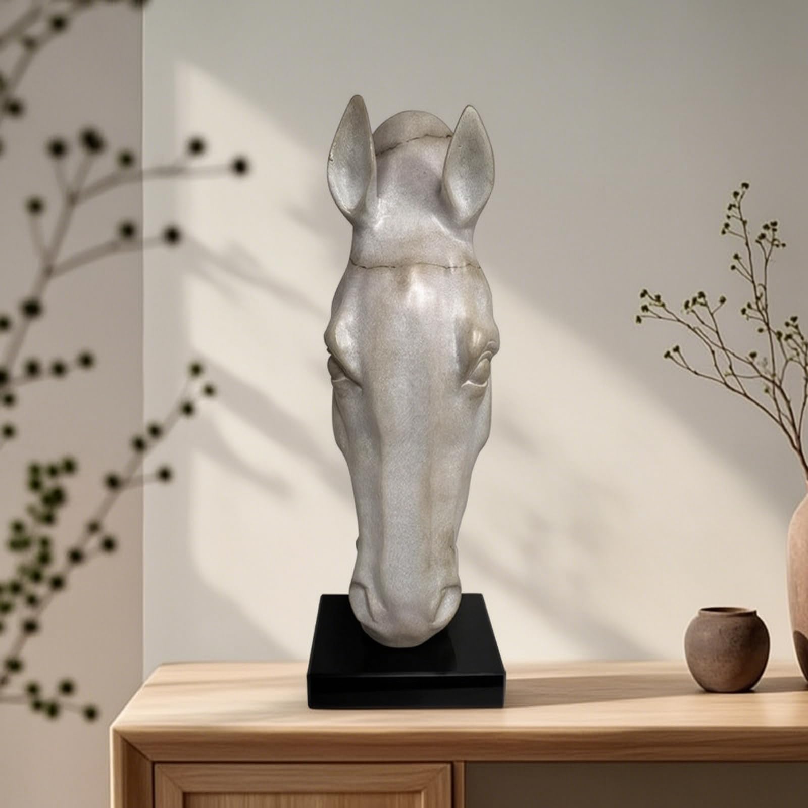 Escultura de Caballo Figura Busto Adorno Estatua con Acabado Jade Sintético en Resina y Base Negra Robusta Adecuada para Consola de Entrada Mueble de, Blanco, Cabeza De Caballo